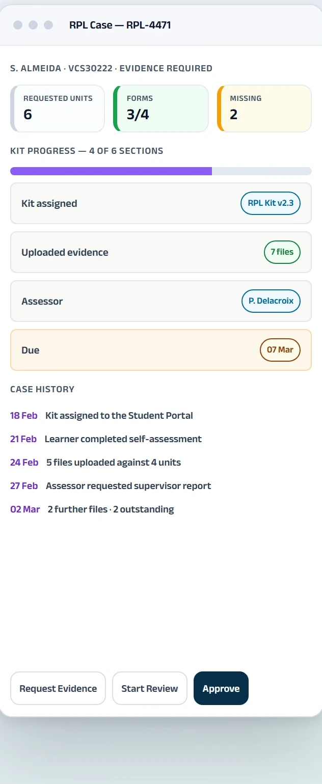 RPL case showing the assigned kit, requested units, uploaded evidence, assessor and decision history