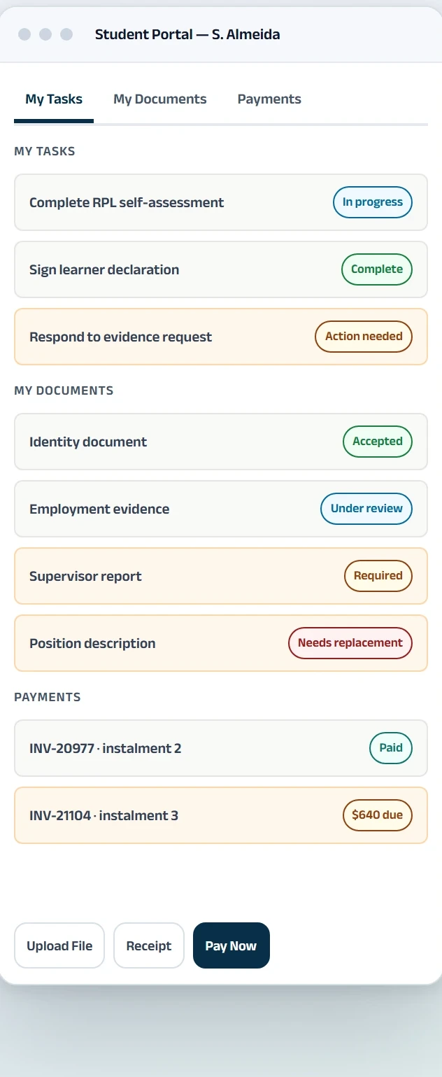 Student Portal showing assigned tasks, document requests and the payments view