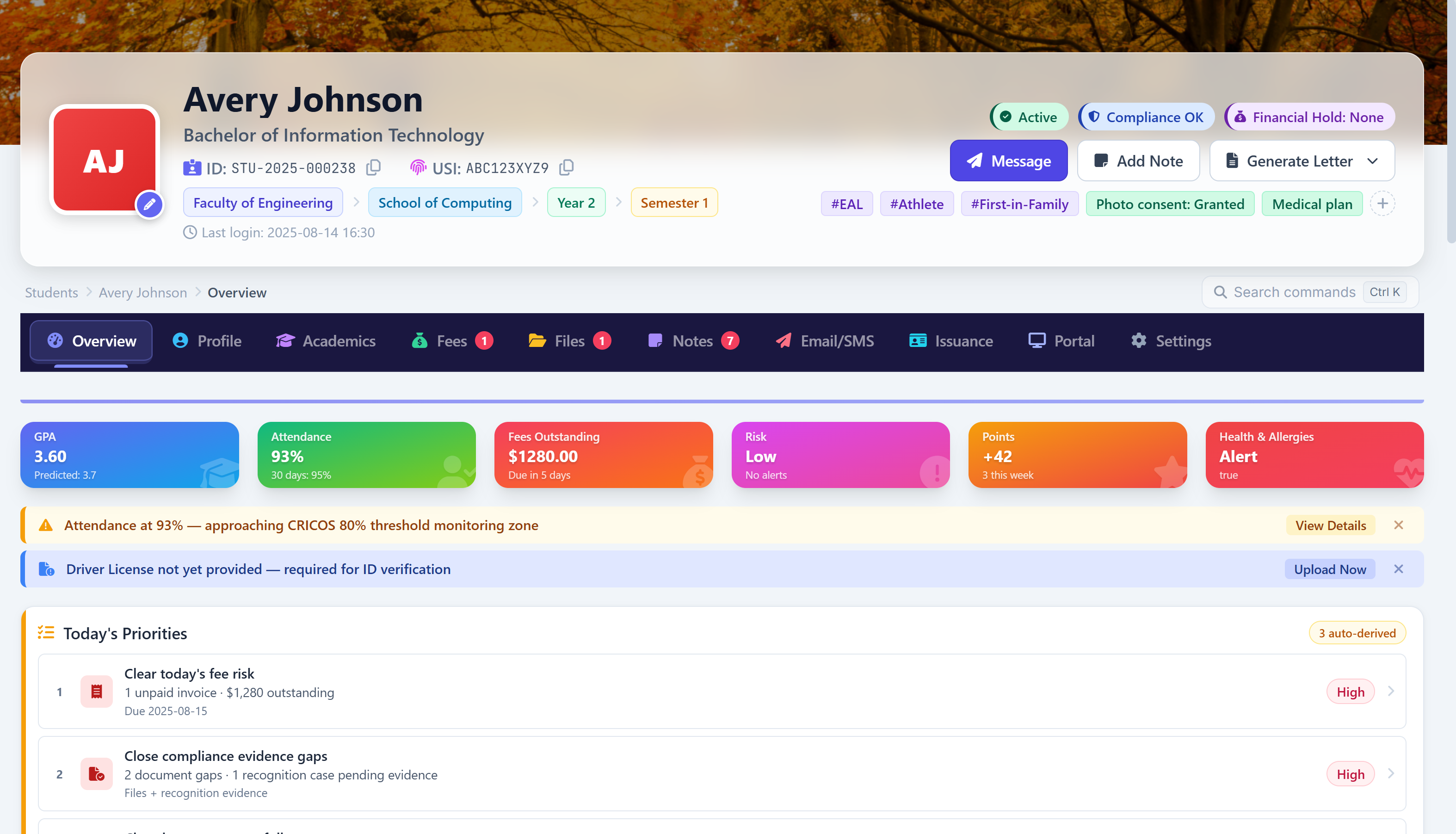 School dashboard UI